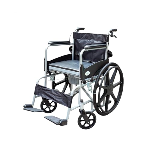 Entros Foldable Premium Mag wheel Commode Wheelchair with Attendant Brake | Detachable Cushion Seat & Toilet Bucket | Ideal Wheelchair for Old People & Patients, Metallic Silver Finish-8005S